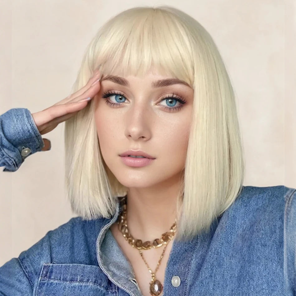 Blonde Straight Human Hair Bob Wig With Bangs Brazilian 180% Density Full Machine Made Wig For Women No Lace Bob Wig 613 Color