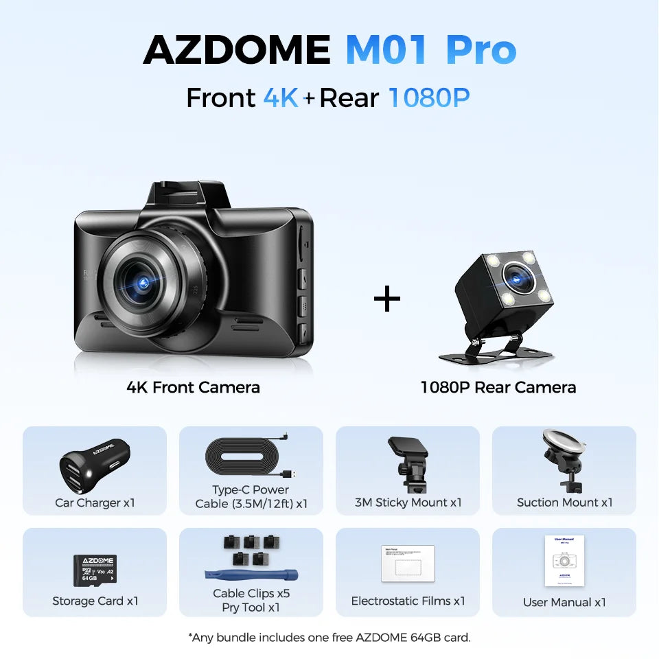 AZDOME 4K Dash Cam M01 Pro 3" Screen Front and Rear Camera for Car Built-in ADAS Wifi G-Sensor Car DVR 24H Parking Mode