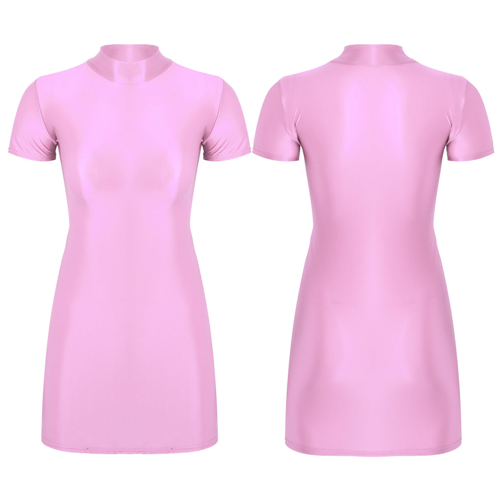 Women Glossy Bodycon Dress Long Sleeve Oil Shiny Smooth Mini Pencil Dress Stretchy Mock Neck Tight  Party Dresses Dance Clubwear