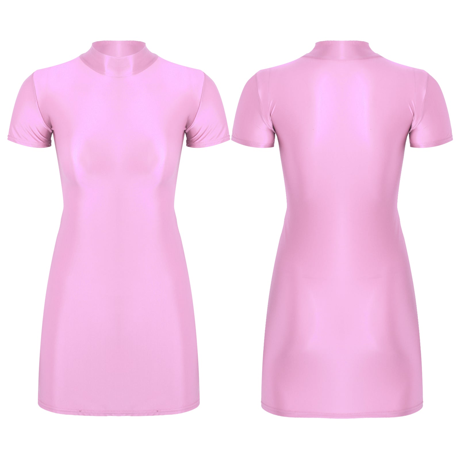 Women Glossy Bodycon Dress Long Sleeve Oil Shiny Smooth Mini Pencil Dress Stretchy Mock Neck Tight  Party Dresses Dance Clubwear