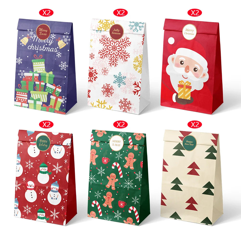 12/24pcs Retro Christmas Kraft Paper Bags Xmas Party Favor Bag Gift Pouch Holiday Present Wrapping Supplies Christmas Gift