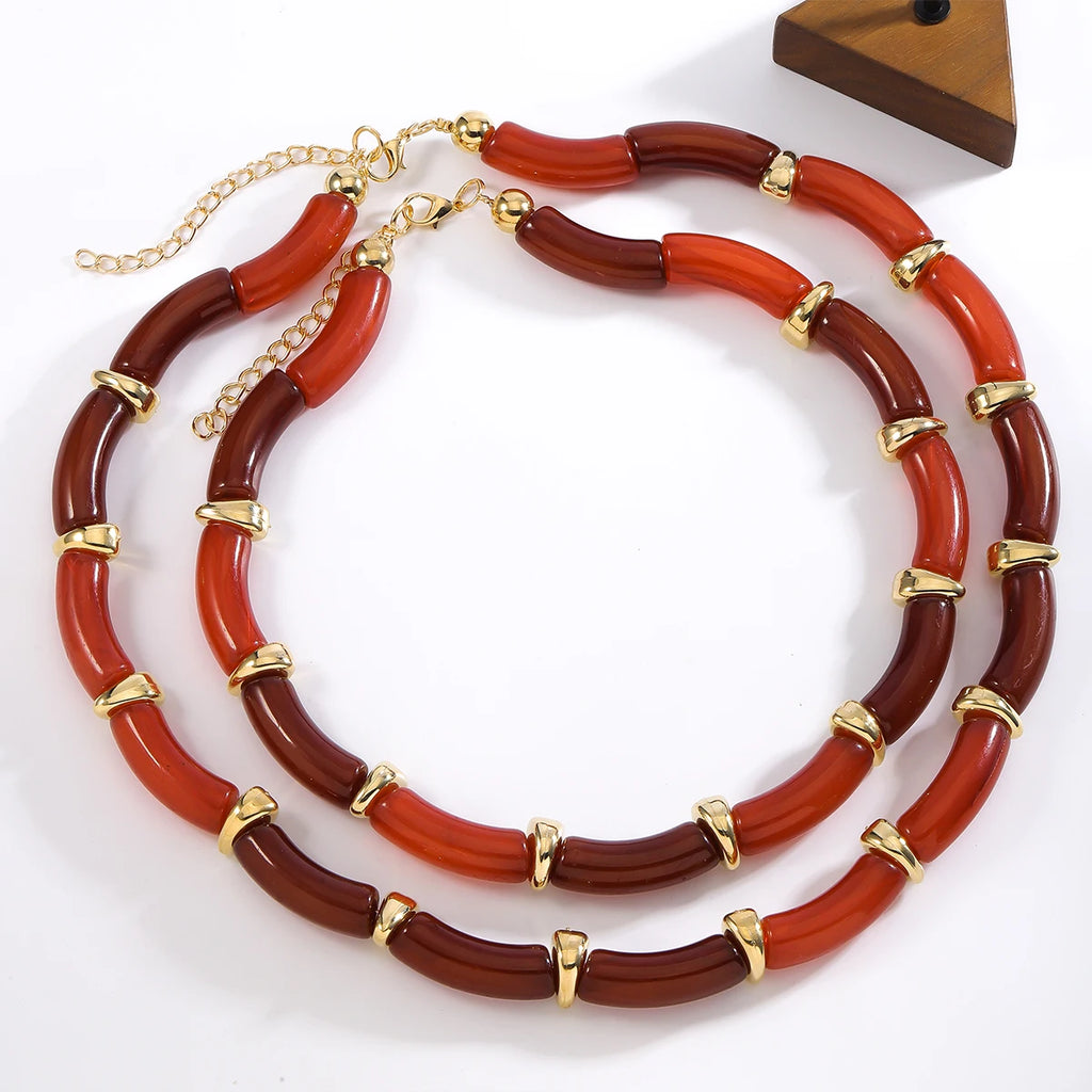 Two Pack of Necklaces Vintage Elegant Resin Metal Necklaces For Women Girl Statement Textured Banquet Accessories Party Gift