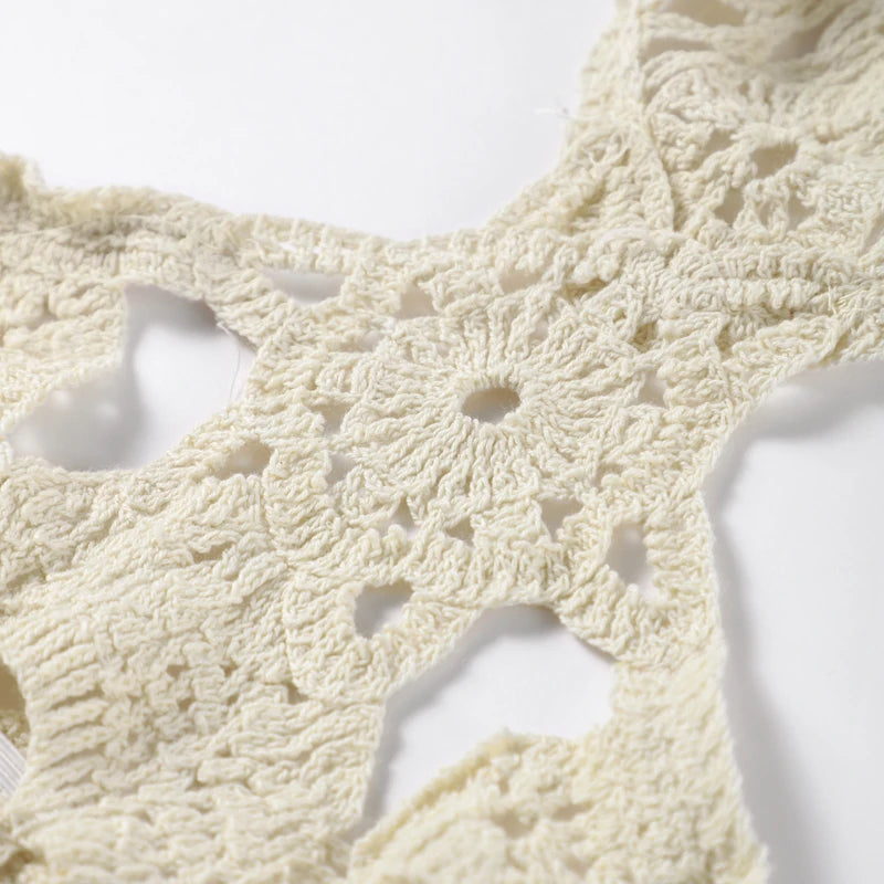Knitted Crochet Hook Flower Halter Dress Women Slim Lace Up Off Shoulder Backless Party Dresses Female Summer Lady Beach Robes