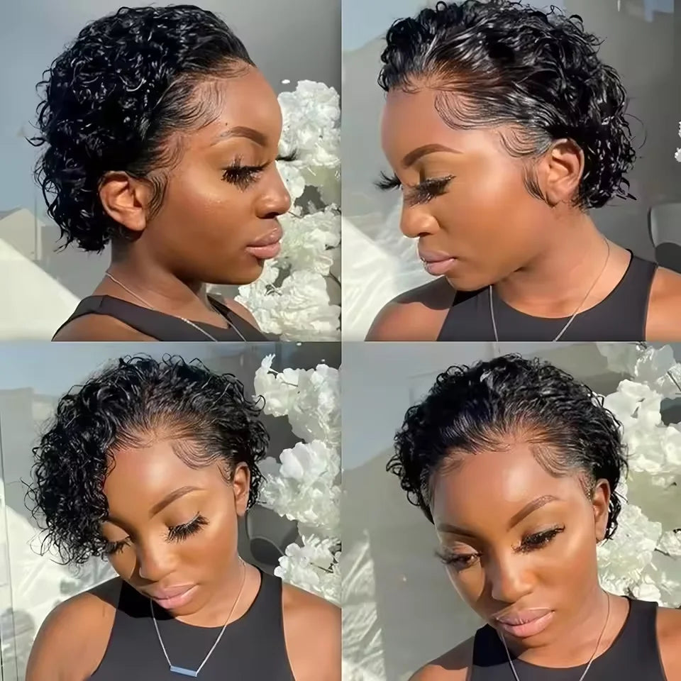 Pixie Cut Wig 13x1 Lace Frontal Wigs Curly Wave Short Bob Human Hair Wigs Natural Black Color Curly Lace Front Wig For Women