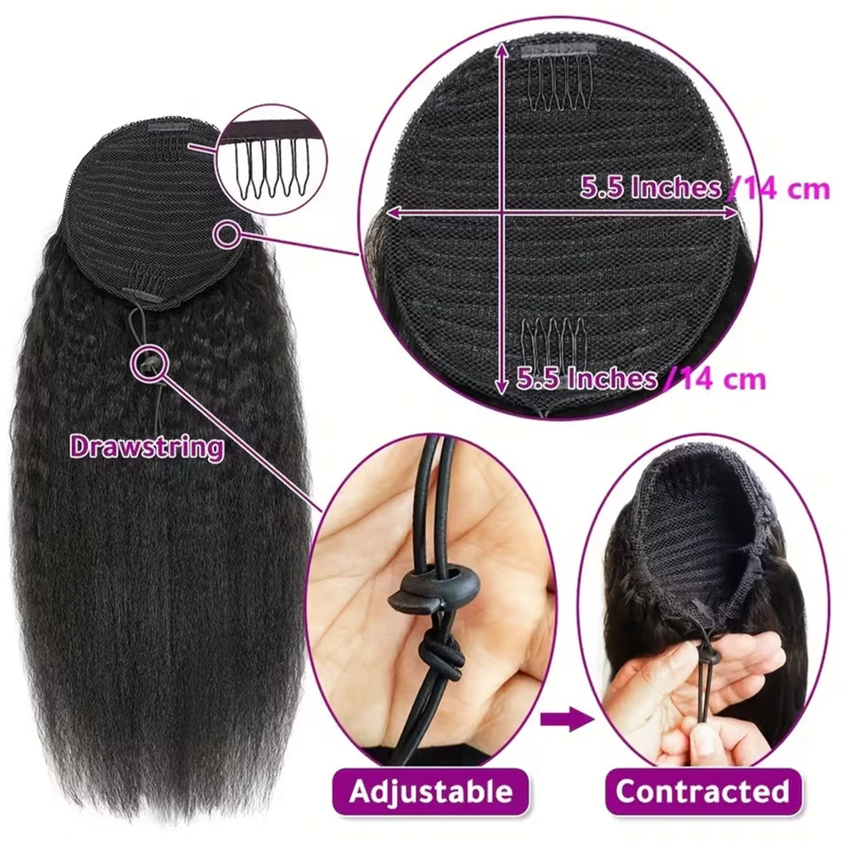 Human Hair Kinky Straight Ponytails Drawstring Extension 12-24 Inch Yaki Straight Hair Clip in Pony Tail for Black Women