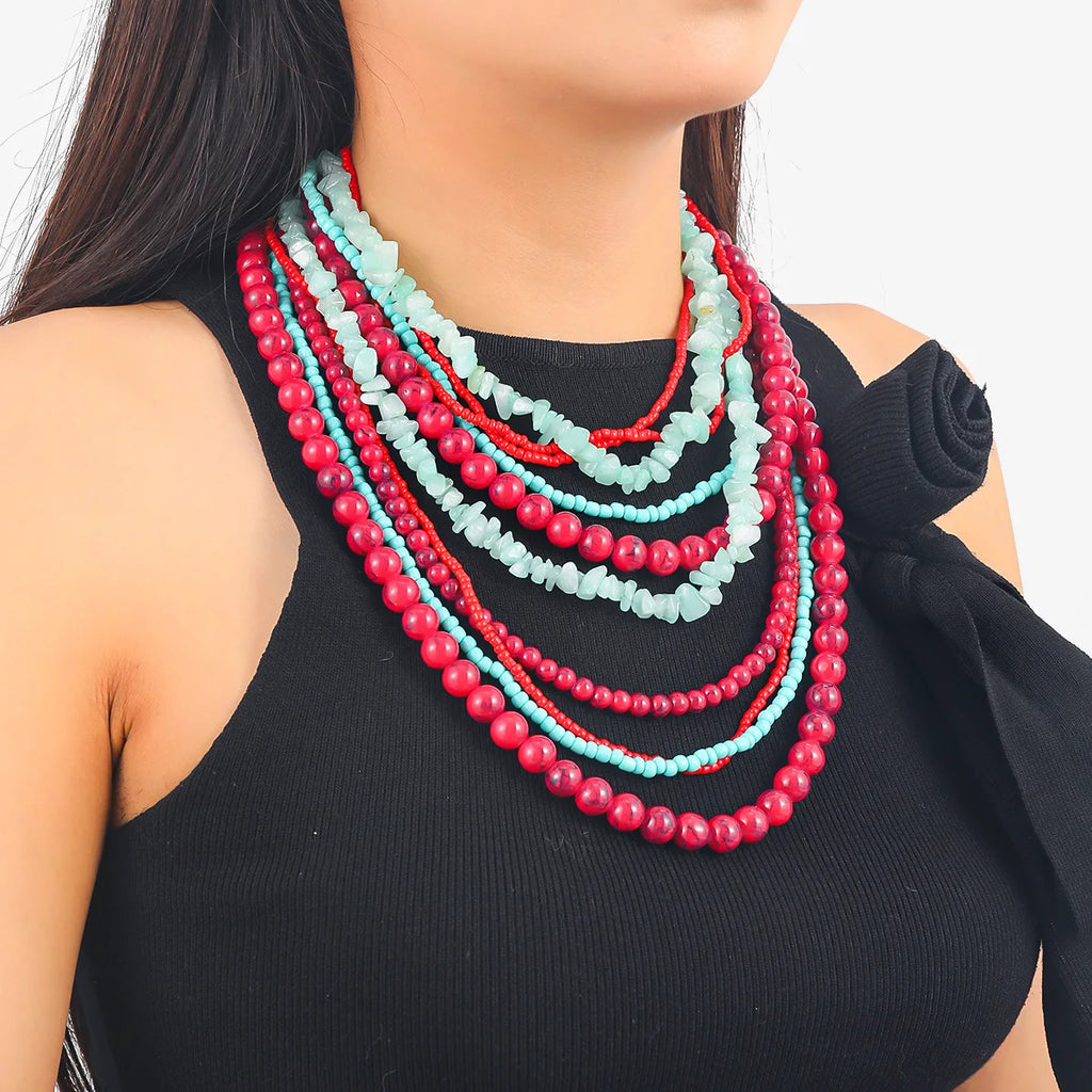ZAA Trendy Women Jewlery Luxury Vintage Ethnic Multilayer Red Beads Choker Necklace High Quality Personality Holiday Accessories