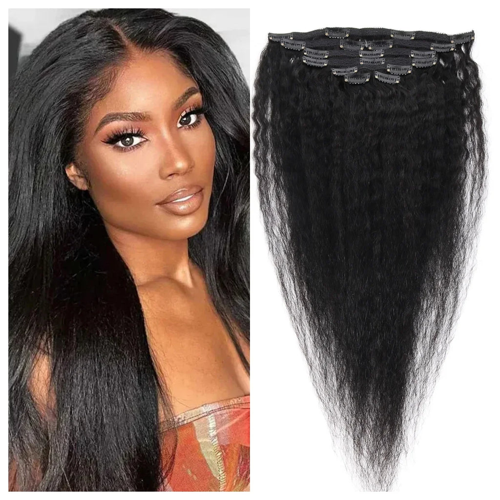 Kinky Straight Clip In Hair Extensions Real Human Hair Natural Black 100g Full Head Clip ins Seamless Kinky Straight Clip on 1B