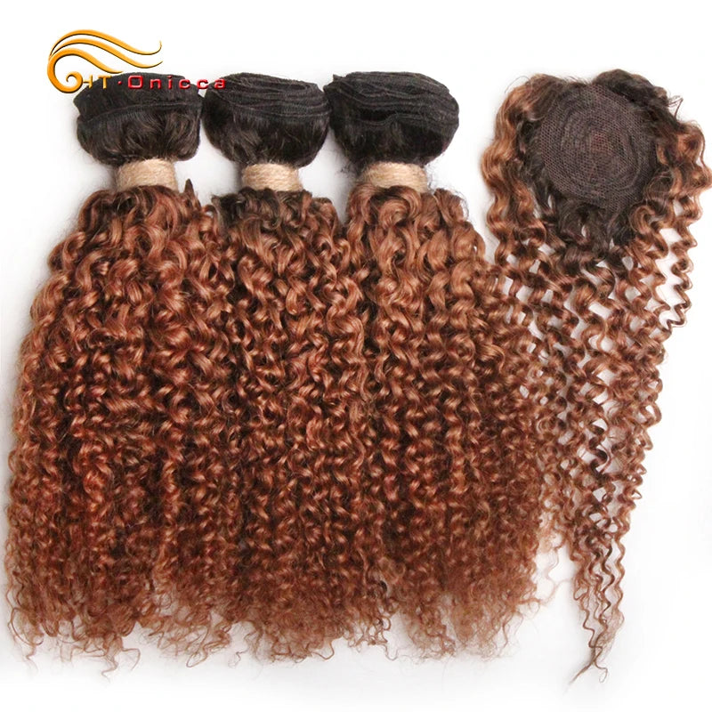 Kinky Curly Bundles 100% Human Hair Bundles With Circular Closure Virgin Weave Human Hair Extensions Curly Hair Bundles