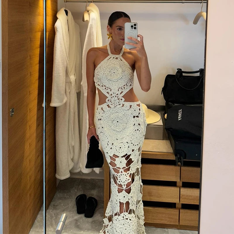 Knitted Crochet Hook Flower Halter Dress Women Slim Lace Up Off Shoulder Backless Party Dresses Female Summer Lady Beach Robes