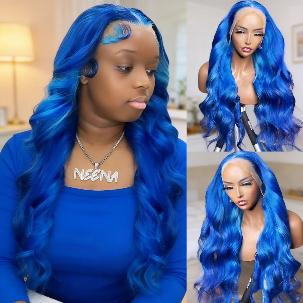 Body Wave Blue Colored13x4 Human Hair Wigs  long Body Wave Wig For Women Pre Plucked Hair