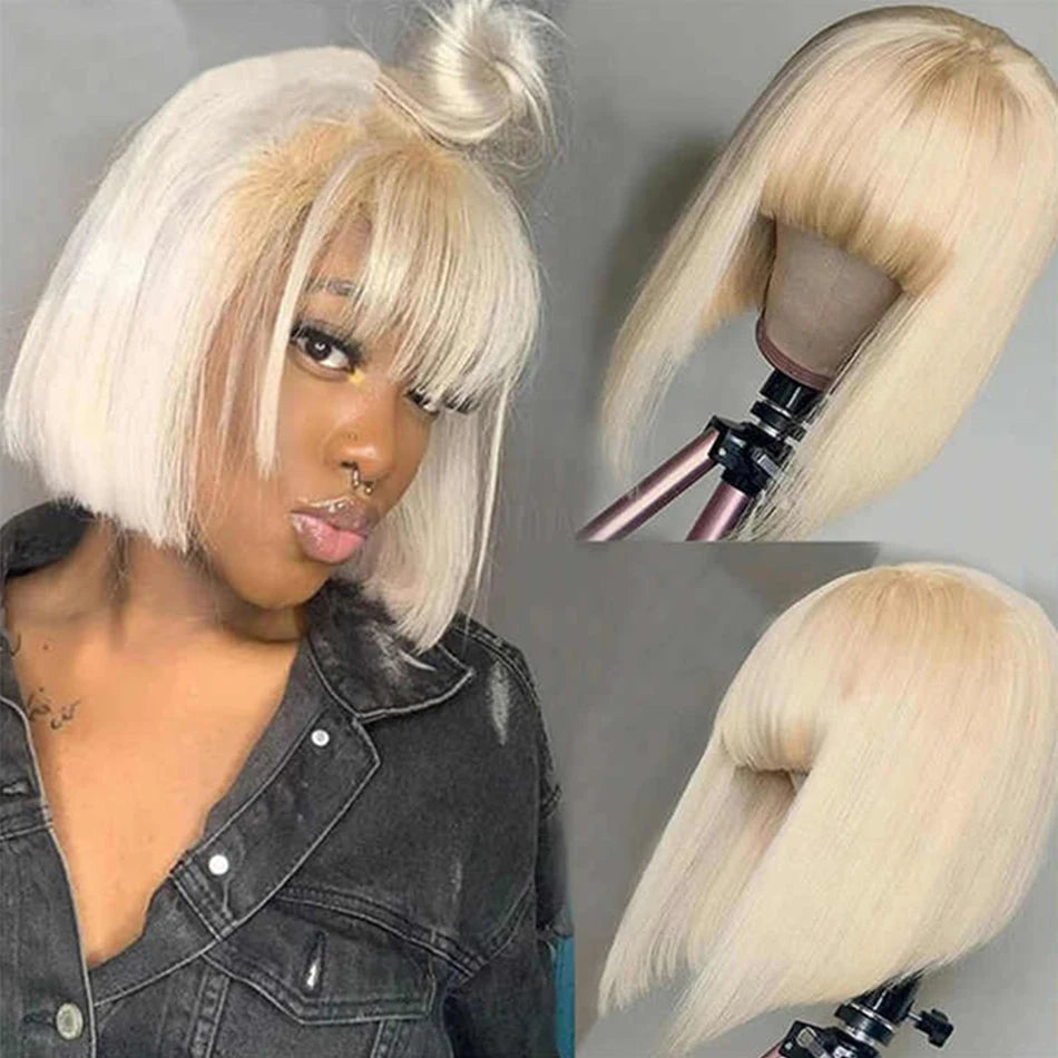 Blonde Straight Human Hair Bob Wig With Bangs Brazilian 180% Density Full Machine Made Wig For Women No Lace Bob Wig 613 Color