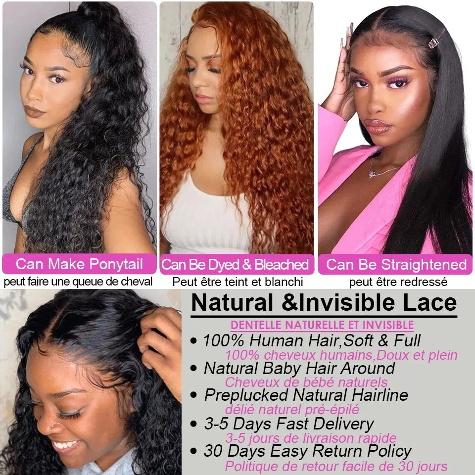 Deep Wave Lace Front 100% Human Hair Wigs 30 32Inch Indian Curly Remy 200% 13x4 13x6 Lace Frontal Wigs For Woman Pre Plucked