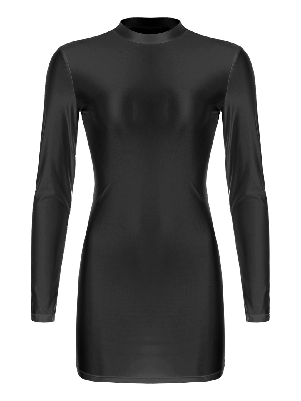 Women Glossy Bodycon Dress Long Sleeve Oil Shiny Smooth Mini Pencil Dress Stretchy Mock Neck Tight  Party Dresses Dance Clubwear