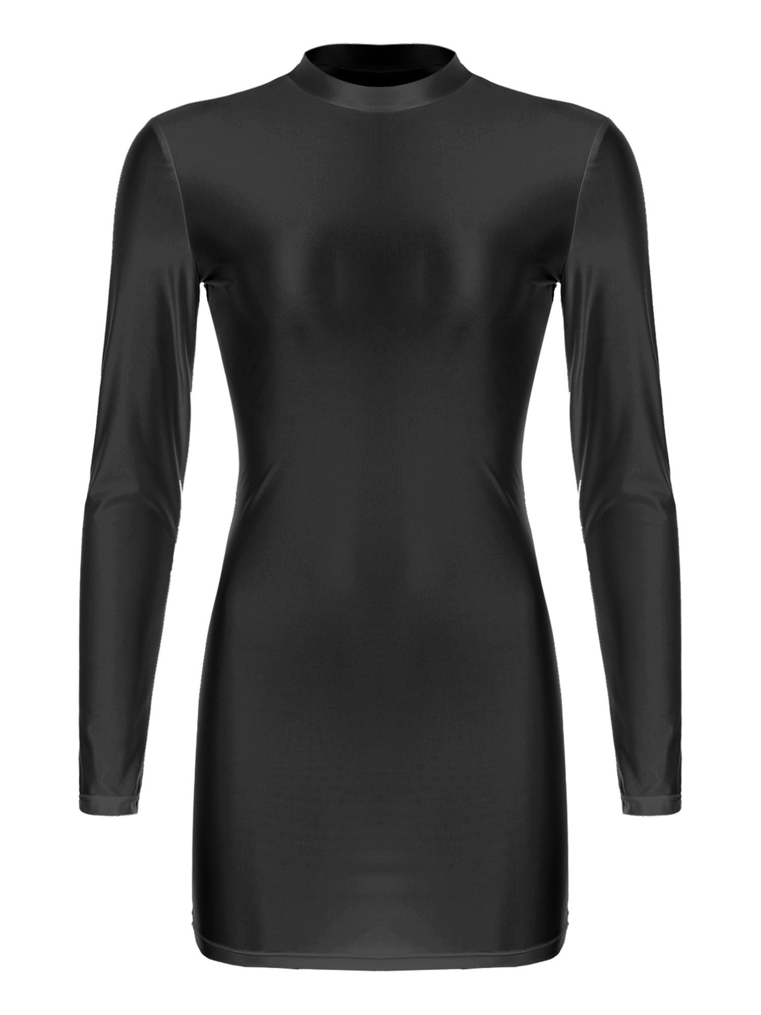 Women Glossy Bodycon Dress Long Sleeve Oil Shiny Smooth Mini Pencil Dress Stretchy Mock Neck Tight  Party Dresses Dance Clubwear