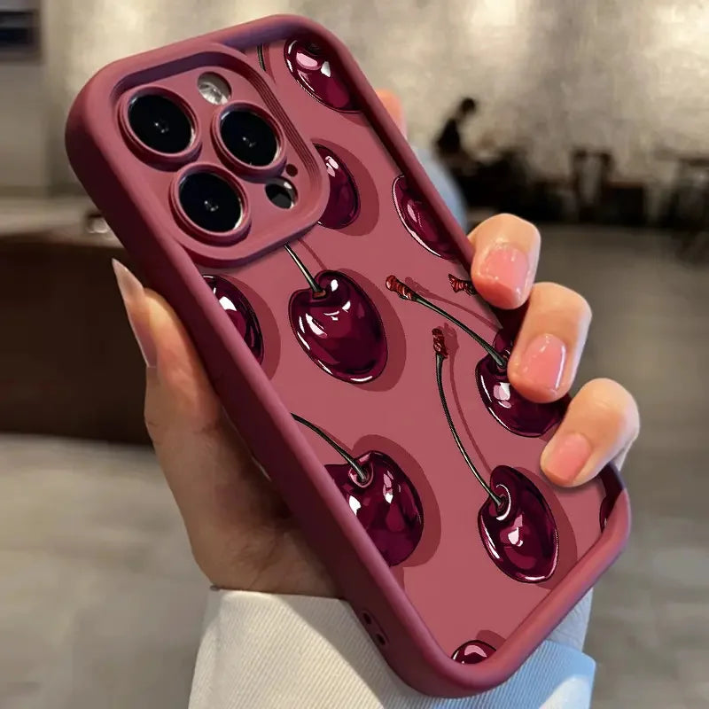 Luxury Wine Red Cherry Print Case for IPhone 16 15 17 Air 14 13 12 11 Pro Max 16 Plus Shockproof Silicone Phone Cover