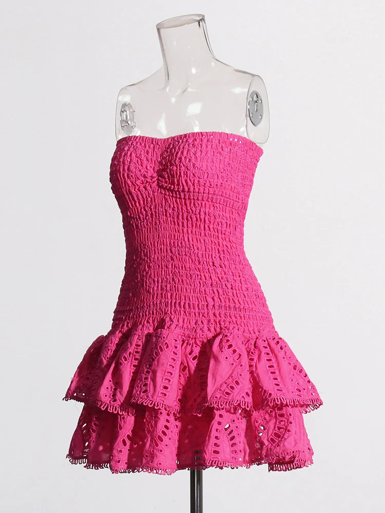 TWOTWINSTYLE Designer Mini A Line Dresses Strapless Sleeveless High Waist Spliced Ruffles Hem Elegant Slimming Dress Female New