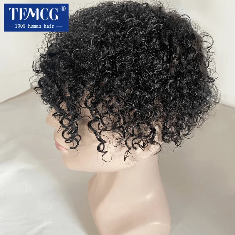 15MM Curly Male Hair Prosthesis Toupee Men Wig Indian Human Hair Comfortable Skin Base Wigs For Men System Replacement Man Wig