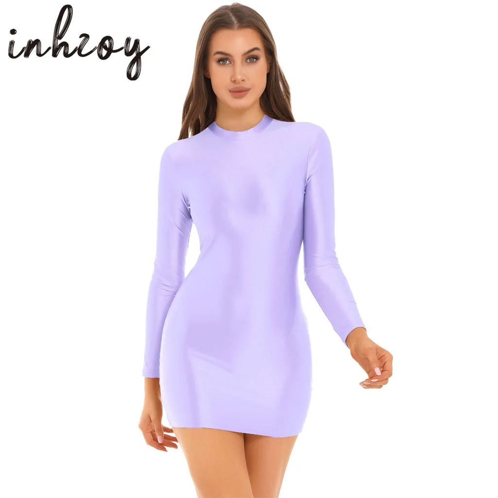 Women Glossy Bodycon Dress Long Sleeve Oil Shiny Smooth Mini Pencil Dress Stretchy Mock Neck Tight  Party Dresses Dance Clubwear