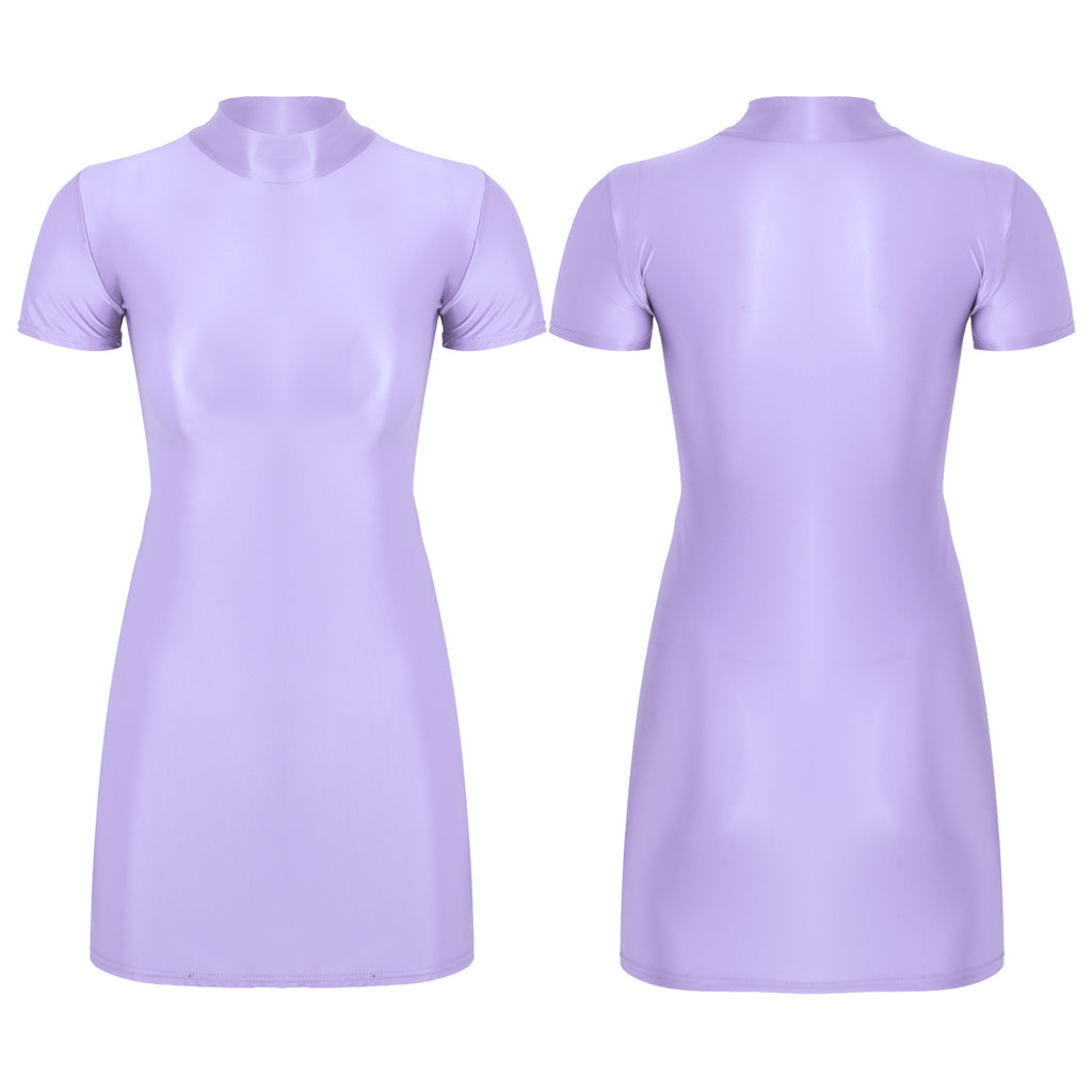 Women Glossy Bodycon Dress Long Sleeve Oil Shiny Smooth Mini Pencil Dress Stretchy Mock Neck Tight  Party Dresses Dance Clubwear