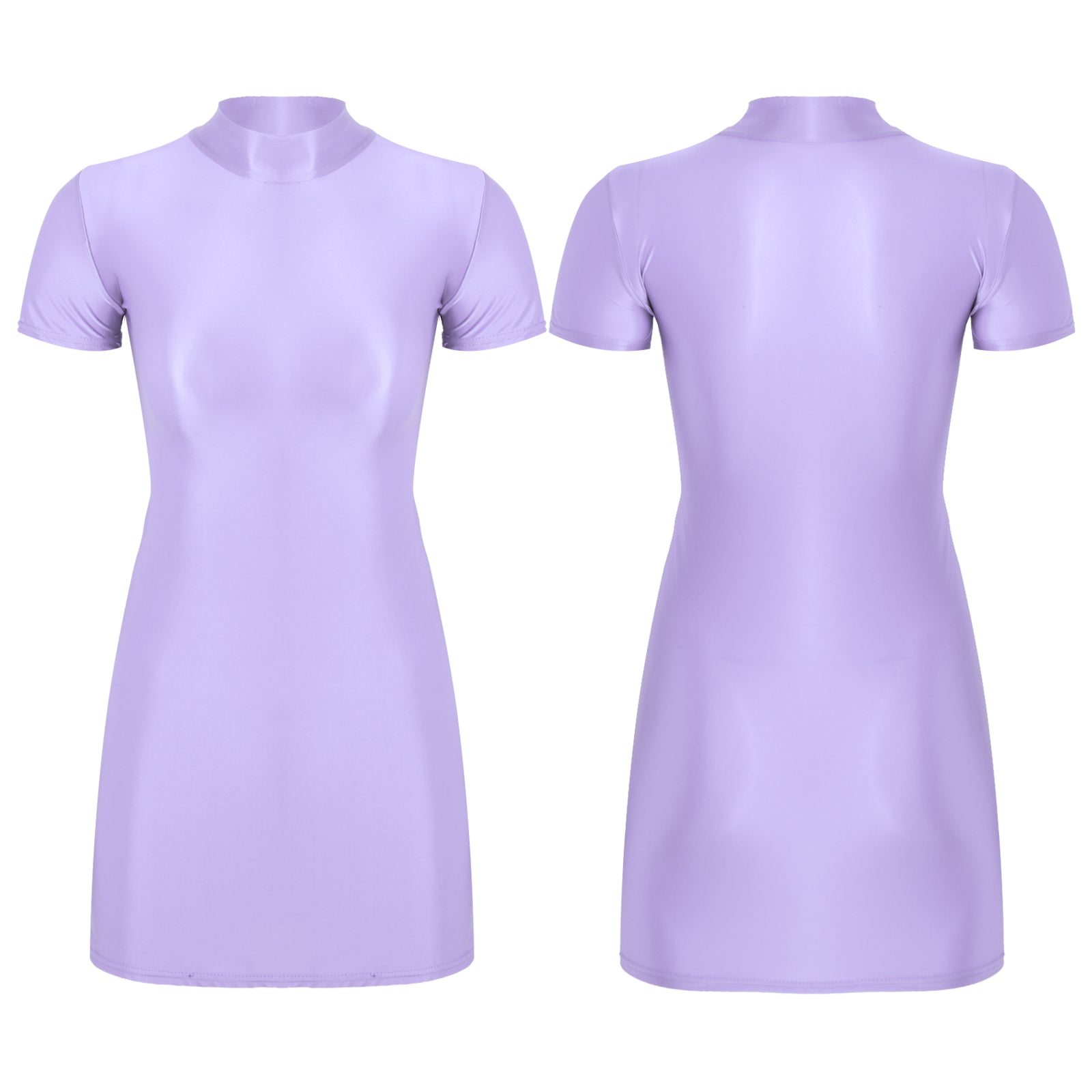Women Glossy Bodycon Dress Long Sleeve Oil Shiny Smooth Mini Pencil Dress Stretchy Mock Neck Tight  Party Dresses Dance Clubwear