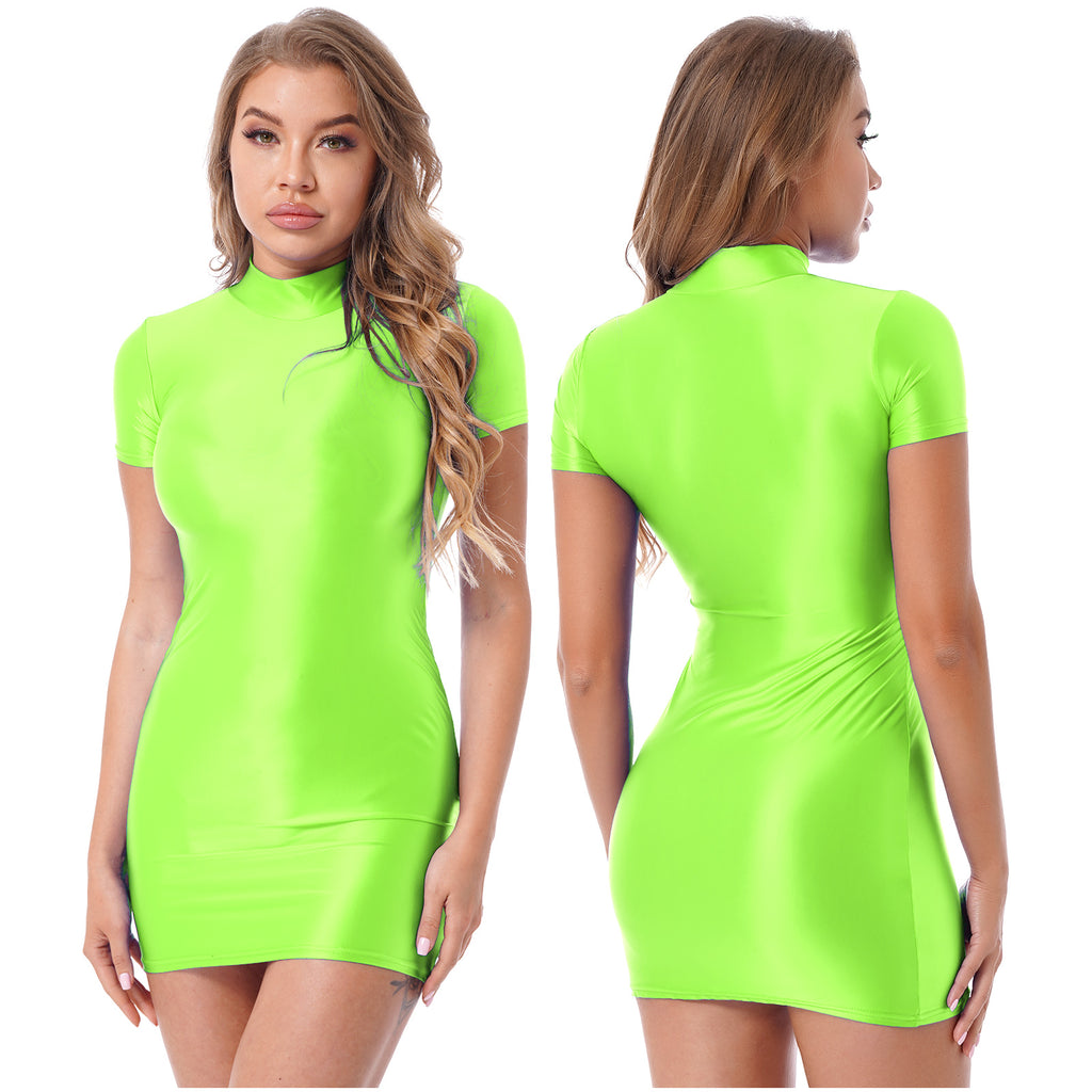Women Glossy Bodycon Dress Long Sleeve Oil Shiny Smooth Mini Pencil Dress Stretchy Mock Neck Tight  Party Dresses Dance Clubwear