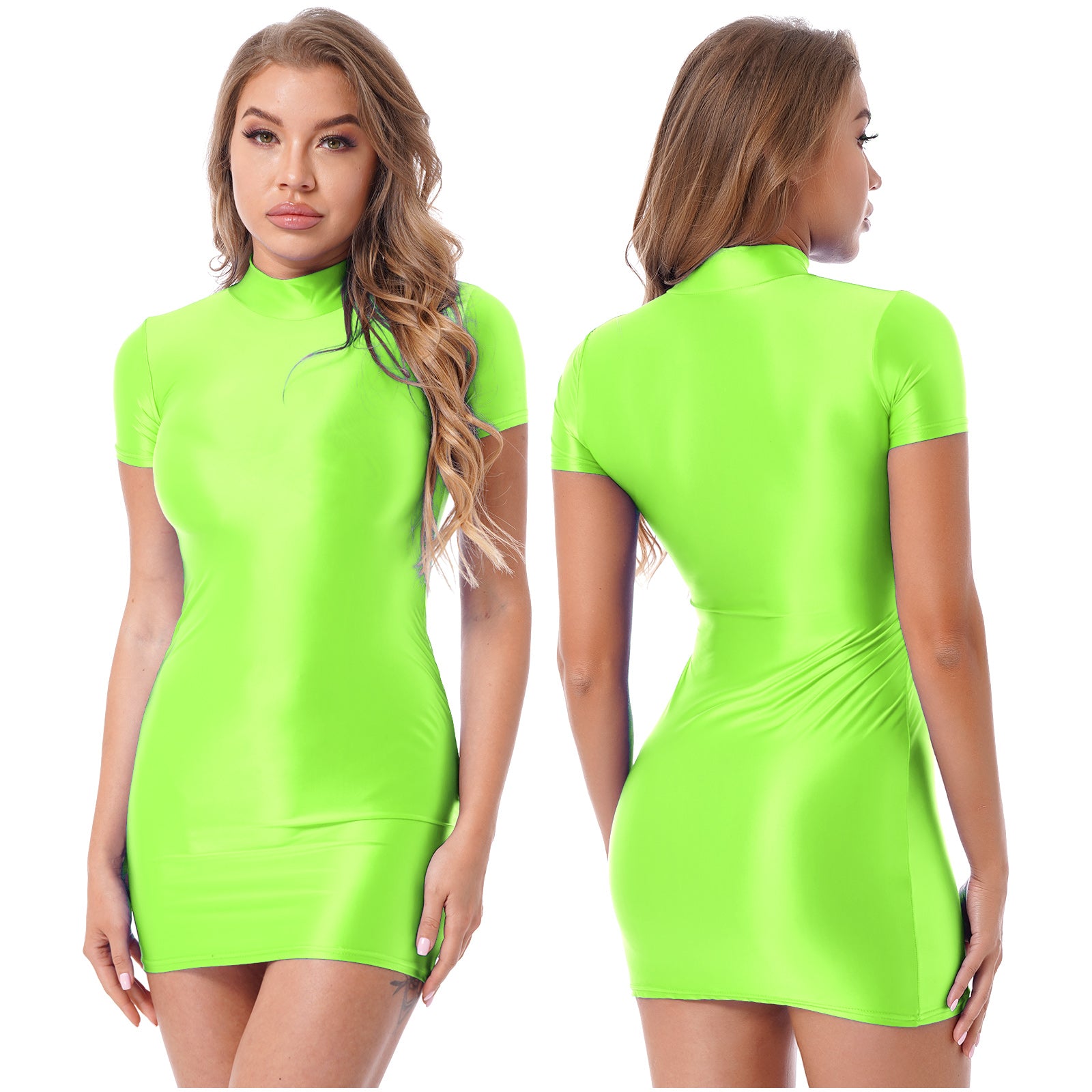 Women Glossy Bodycon Dress Long Sleeve Oil Shiny Smooth Mini Pencil Dress Stretchy Mock Neck Tight  Party Dresses Dance Clubwear