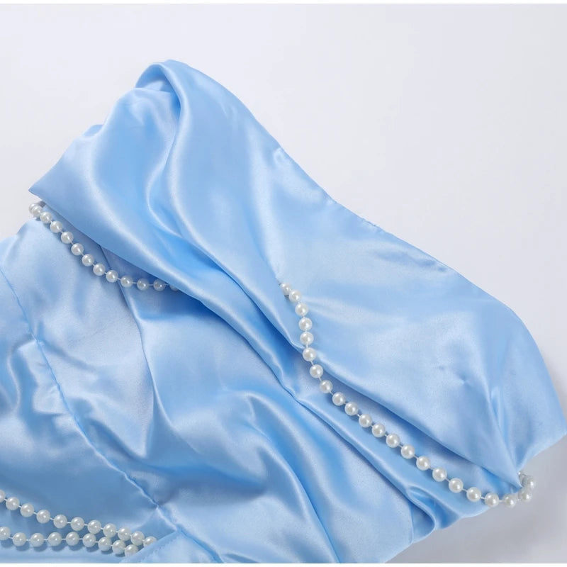 Elegant Satin Pearl Strapless Mini Dress Women Chic Off-shoulder Pleated Slim Female Party Dresses Summer Ribbon Lady Party Robe