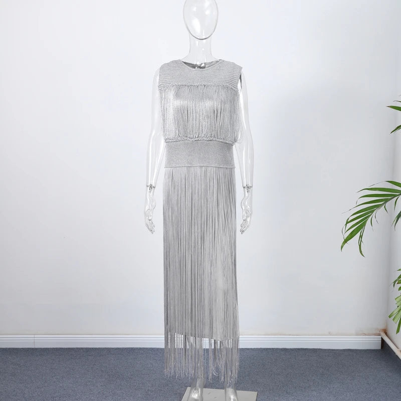Fringed Sequin Long Dress Tassel Glitter Sleeveless Party Gown Waisted Cinched Elegant O-neck Fringed Dresses Women 2 Piece Set