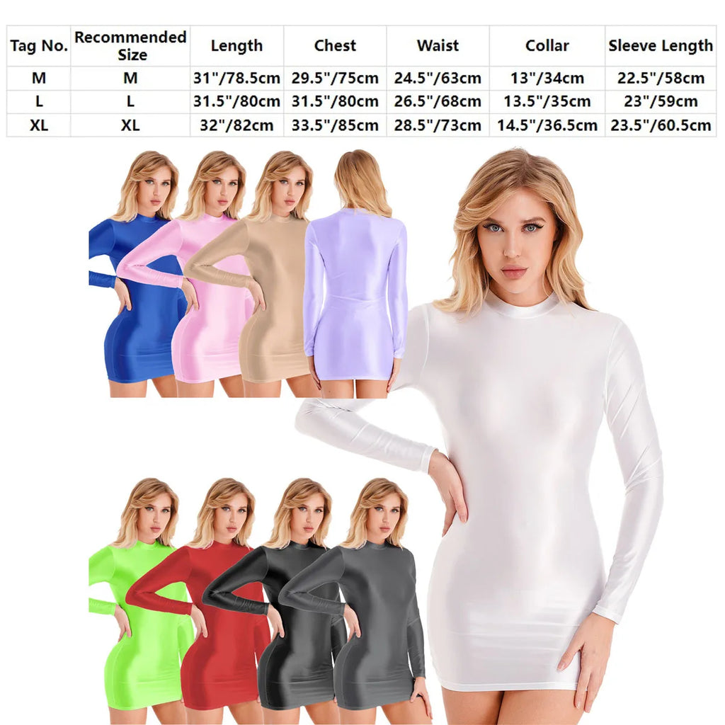 Women Glossy Bodycon Dress Long Sleeve Oil Shiny Smooth Mini Pencil Dress Stretchy Mock Neck Tight  Party Dresses Dance Clubwear