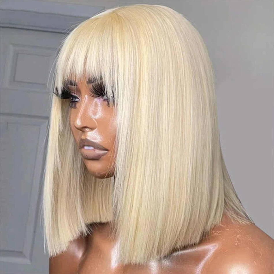 Blonde Straight Human Hair Bob Wig With Bangs Brazilian 180% Density Full Machine Made Wig For Women No Lace Bob Wig 613 Color