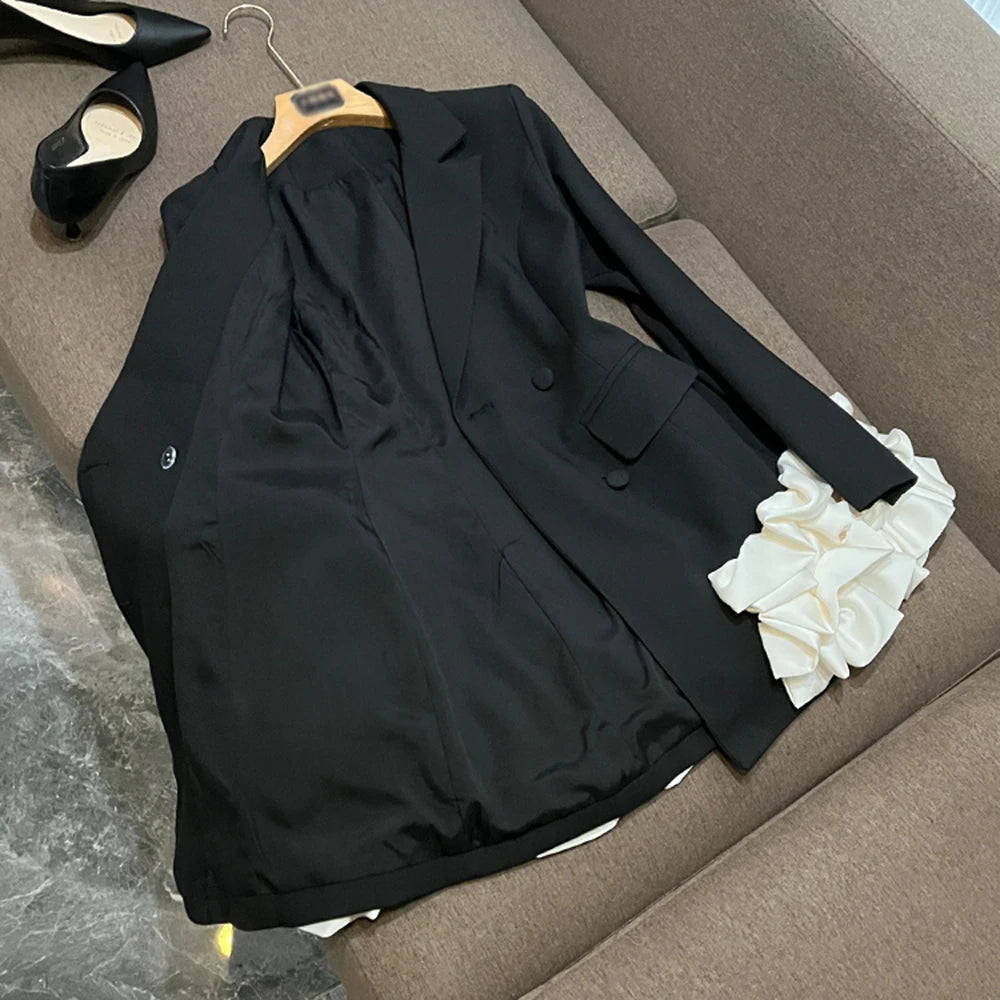 TWOTWINSTYLE Hit Color Slimming Dresses For Women Lapel Long Sleeve High Waist Spliced Folds Elegant Dress Female New KDR520701