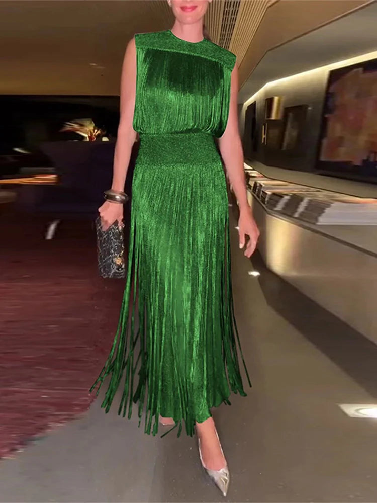 Fringed Sequin Long Dress Tassel Glitter Sleeveless Party Gown Waisted Cinched Elegant O-neck Fringed Dresses Women 2 Piece Set