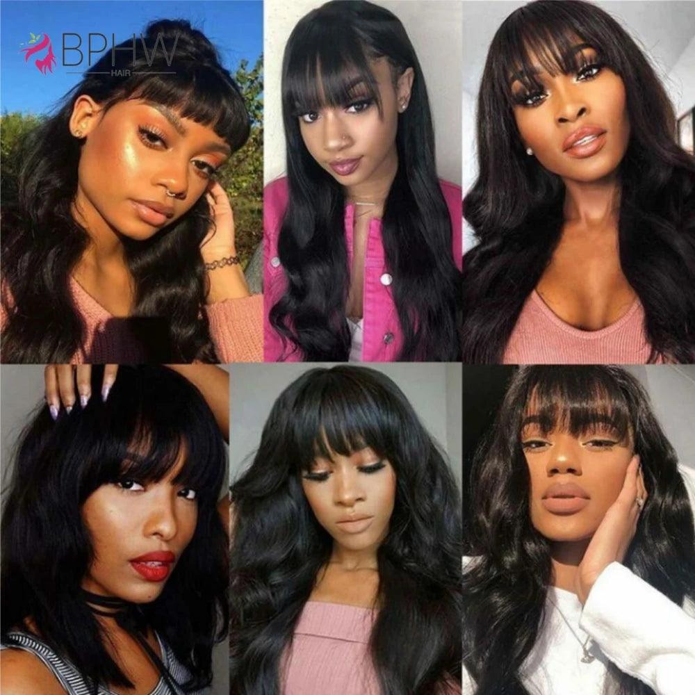Body Wave Human Hair Wigs With Bangs 180 Density Wave Wig With Bangs Machine Made Wig Human Hair Natural Color Wigs Long Wigs