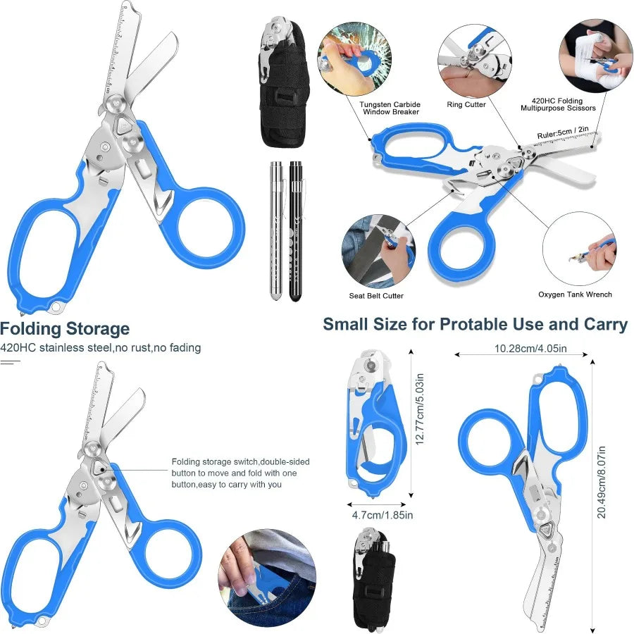 6 In1 Multifunction Emergency Response Shears Stainless Steel Foldable Trauma Shears with Strap Cutter and Glass Breaker for Fi
