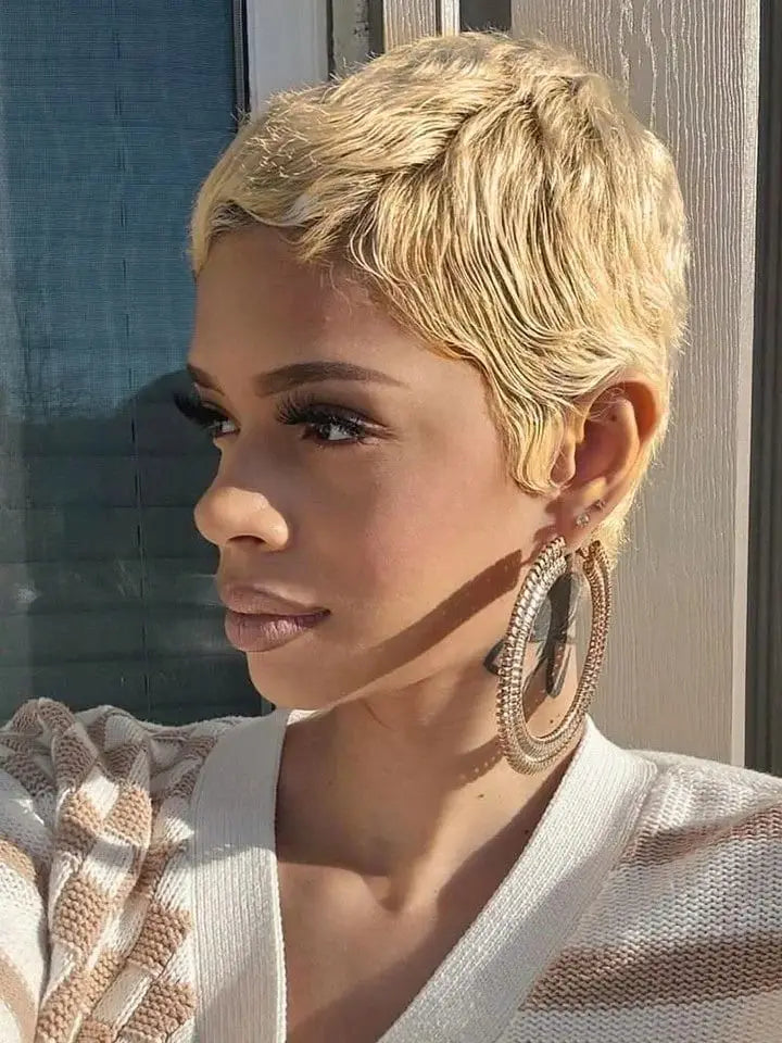 Straight Pixie Cut Wig With Bangs Human Hair Wig 27 Color Blonde Short Style Full Machine Made Wig