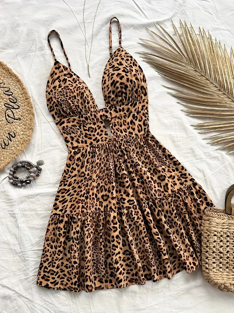 4-Color Leopard Printed Sexy Camisole Dress Women Sleeveless Backless Mini Dress Summer Vacation Dresses