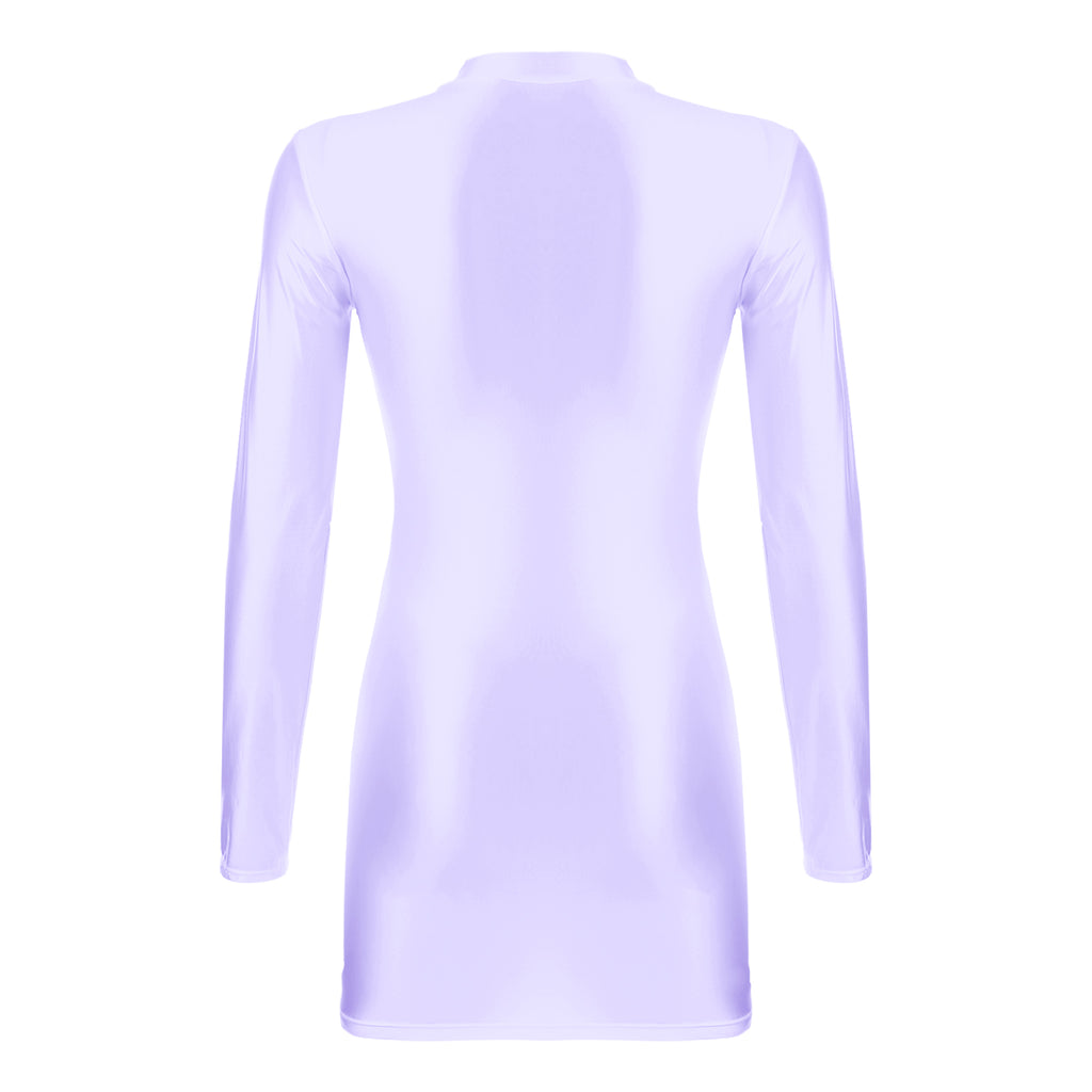Women Glossy Bodycon Dress Long Sleeve Oil Shiny Smooth Mini Pencil Dress Stretchy Mock Neck Tight  Party Dresses Dance Clubwear