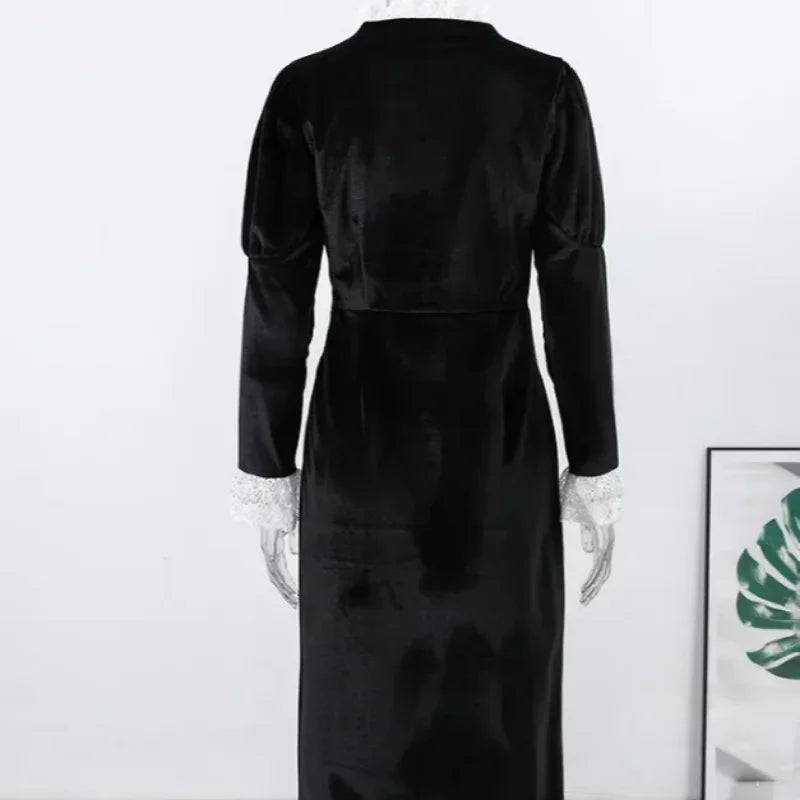 Sexy Lace Patchwork Velvet Long Dress Women Square Collar Full Sleeves Waist Slim Cinching Dresses 2026 Lady Party Vestidos New
