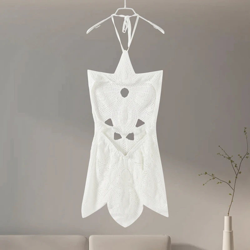 Knitted Crochet Hook Flower Halter Dress Women Slim Lace Up Off Shoulder Backless Party Dresses Female Summer Lady Beach Robes