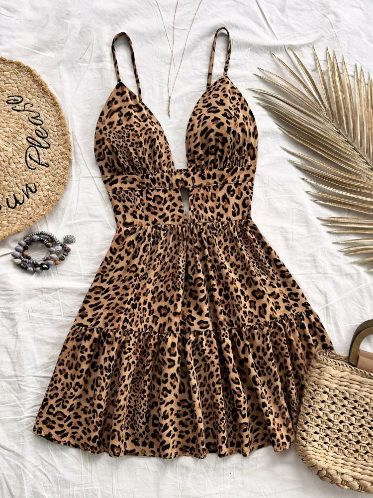 4-Color Leopard Printed Sexy Camisole Dress Women Sleeveless Backless Mini Dress Summer Vacation Dresses