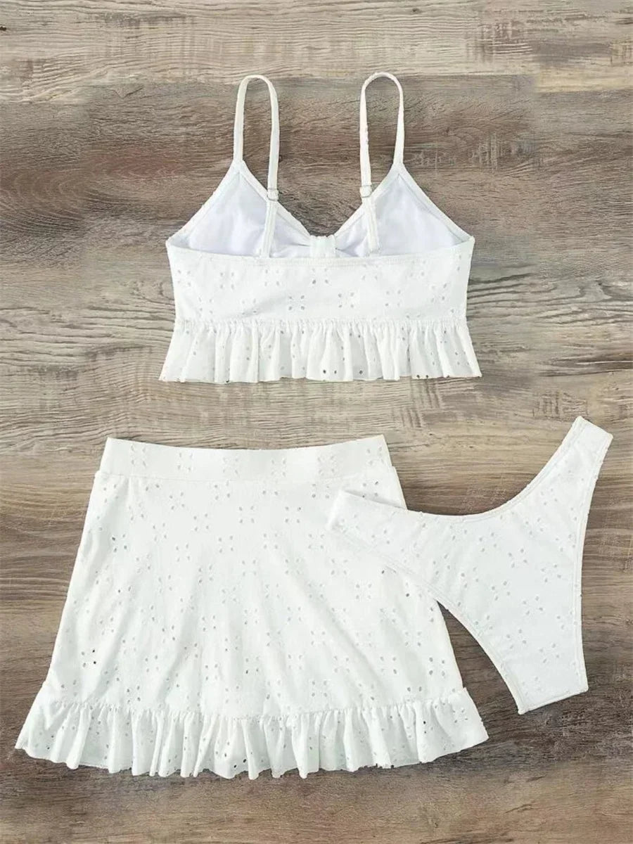 Sexy White 3 Piece Bikinis Set 2025 Women Halter Cut Out Tie Up Ruffles Push Up Skirt Swimsuit Bathing Suit High Waist Swimwear