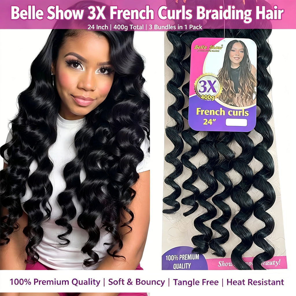 French Curls Braiding Hair 3 Bundles Loose Wave Spiral Curl Synthetic Hair Extensions 18"+20"+22" 400g For Black Women