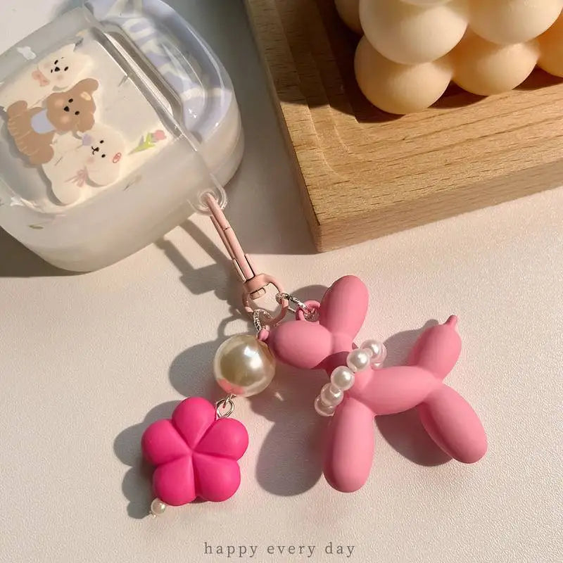 Flower Acrylic Balloon Dog Cartoon Cute Keychains Key Ring Women Men New Bling Cute Pet Bag Car Holder Airpods Box Friend Gift