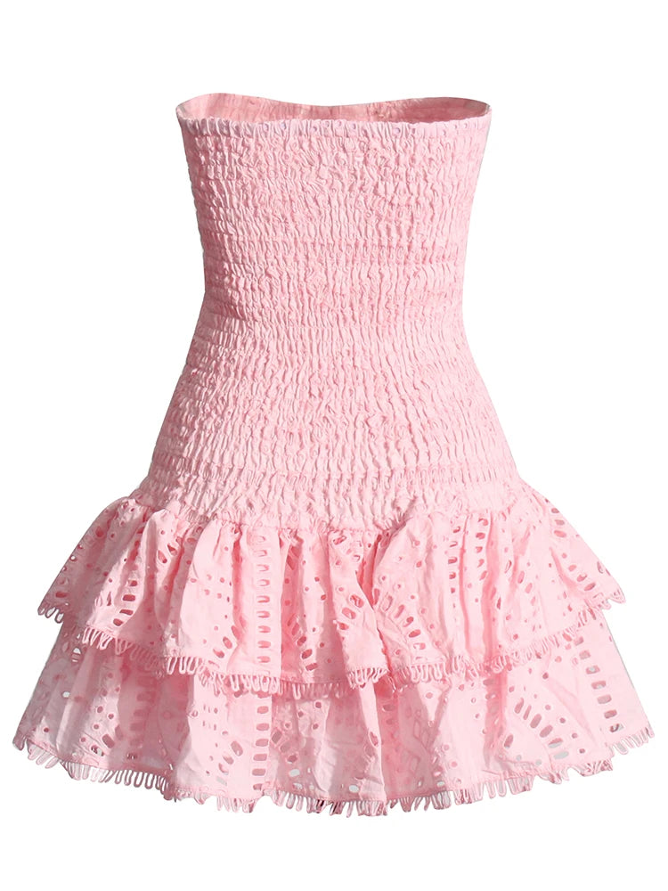 TWOTWINSTYLE Designer Mini A Line Dresses Strapless Sleeveless High Waist Spliced Ruffles Hem Elegant Slimming Dress Female New
