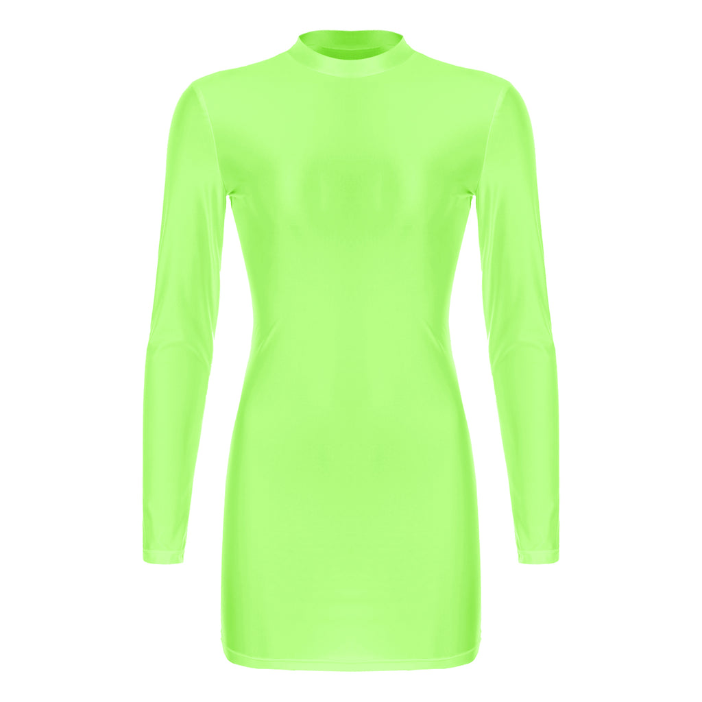 Women Glossy Bodycon Dress Long Sleeve Oil Shiny Smooth Mini Pencil Dress Stretchy Mock Neck Tight  Party Dresses Dance Clubwear