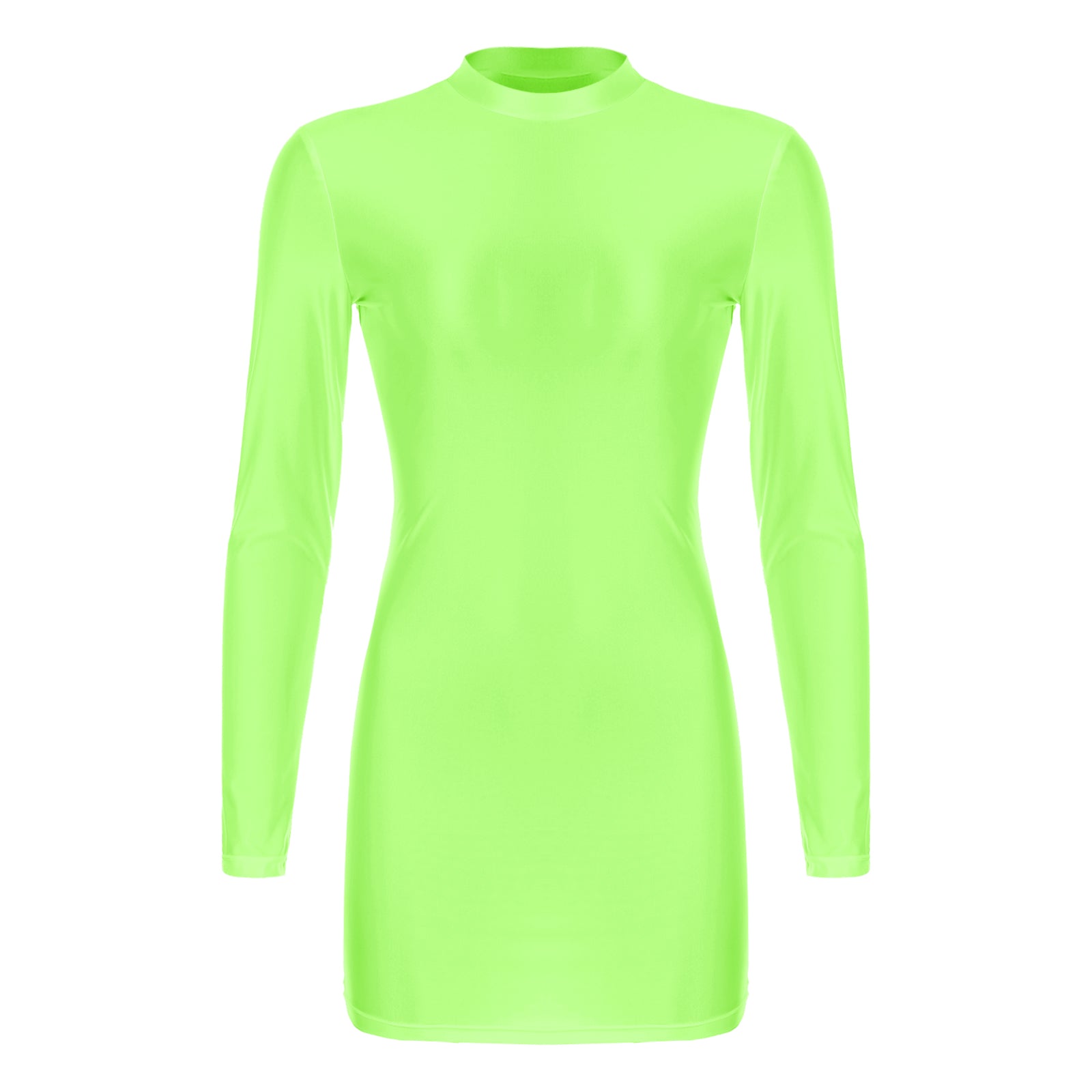 Women Glossy Bodycon Dress Long Sleeve Oil Shiny Smooth Mini Pencil Dress Stretchy Mock Neck Tight  Party Dresses Dance Clubwear