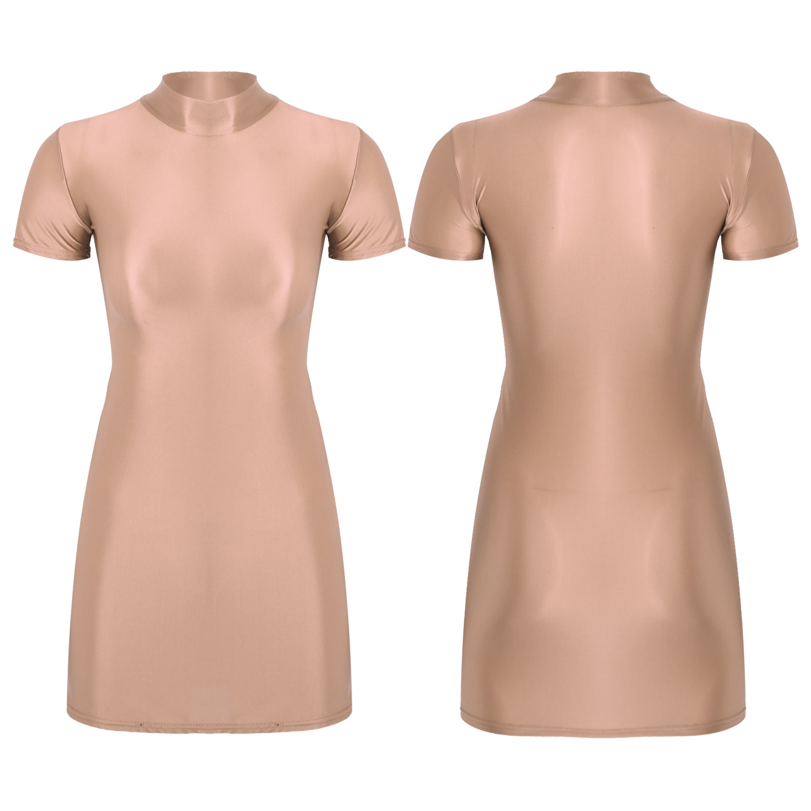 Women Glossy Bodycon Dress Long Sleeve Oil Shiny Smooth Mini Pencil Dress Stretchy Mock Neck Tight  Party Dresses Dance Clubwear