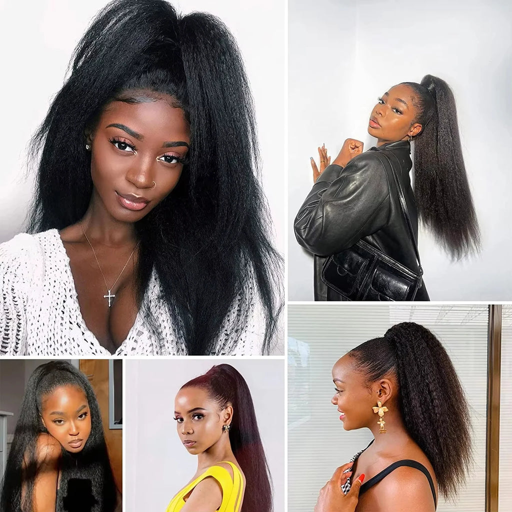 Kinky Straight Drawstring Ponytail Human Hair Brazilian With Afro Clip In Hair Extensions Remy Yaki Straight Hair