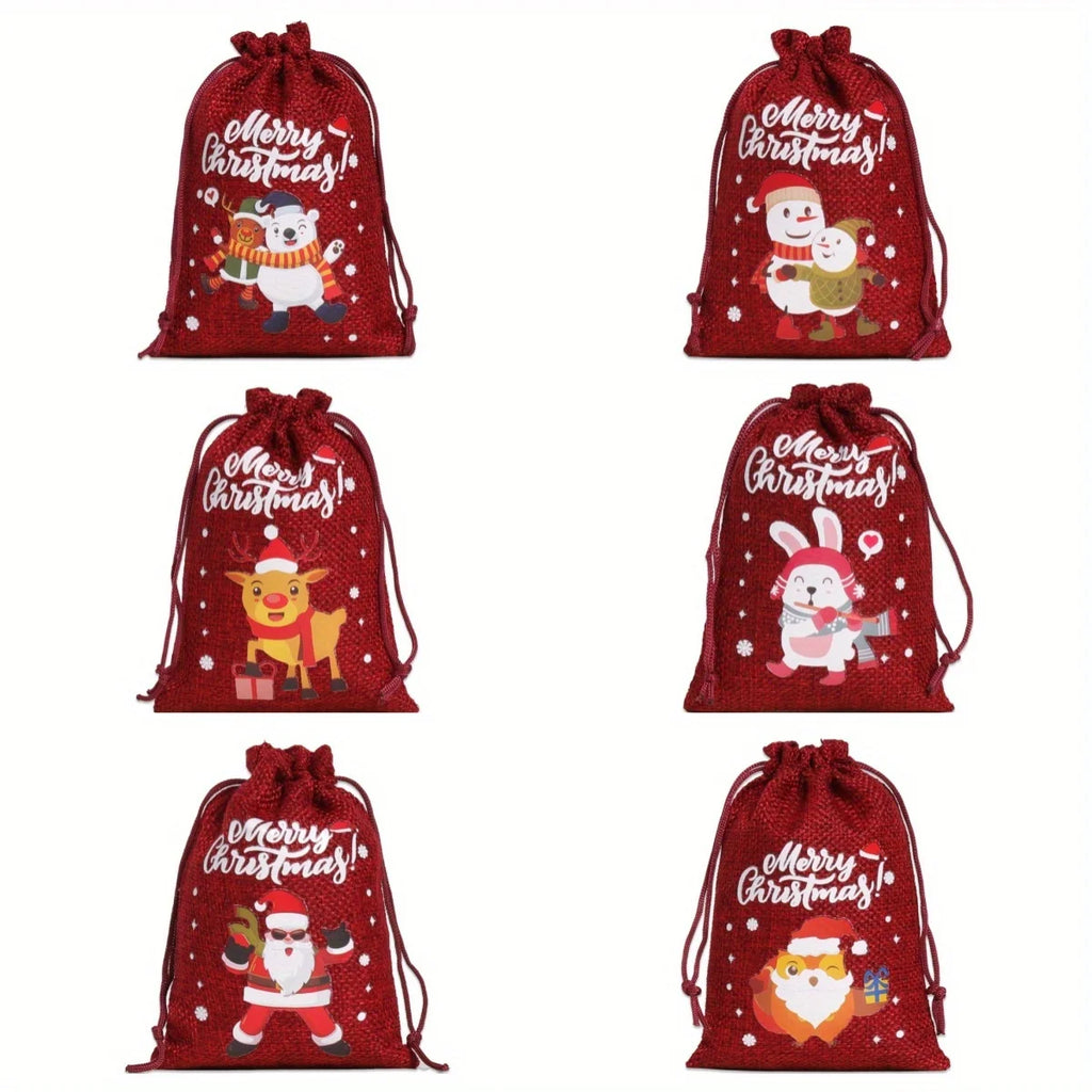 6PCS Christmas Character Drawstring Bags Santa/Reindeer/Snowman/Penguin/Rabbit Print Festive Gift Pouches for Party Favors