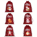 6PCS Christmas Character Drawstring Bags Santa/Reindeer/Snowman/Penguin/Rabbit Print Festive Gift Pouches for Party Favors
